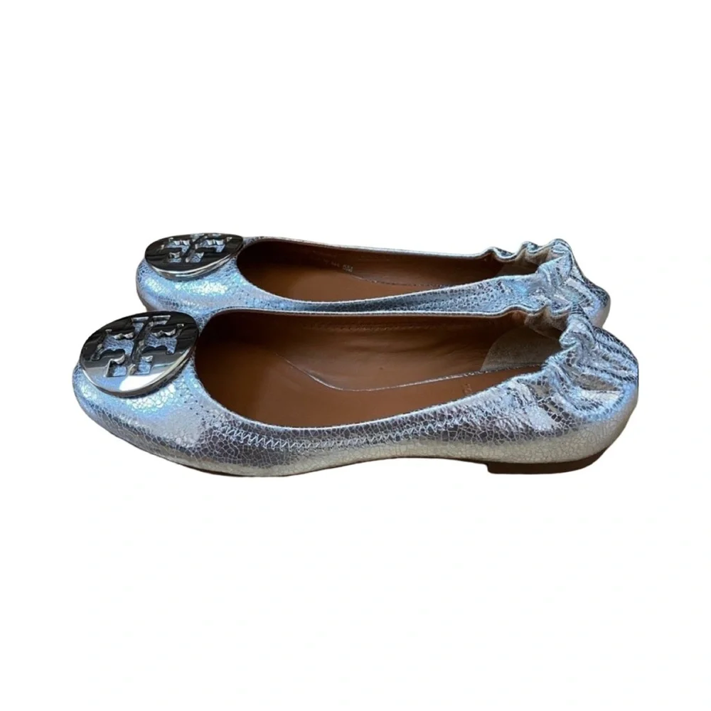 Tory Burch Reva Ballet Flats Silver Crackle Leather Size 5 RARE NWOT NOT WORN - Picture 5 of 15